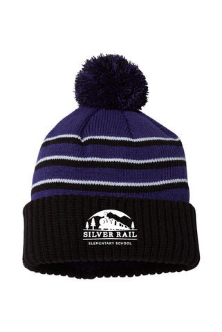 Silver Rail Stripe Pom Cuffed Beanie